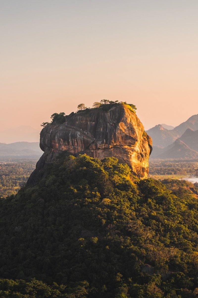 Landscape with Sigiriya rock at sunset in Sri Lanka